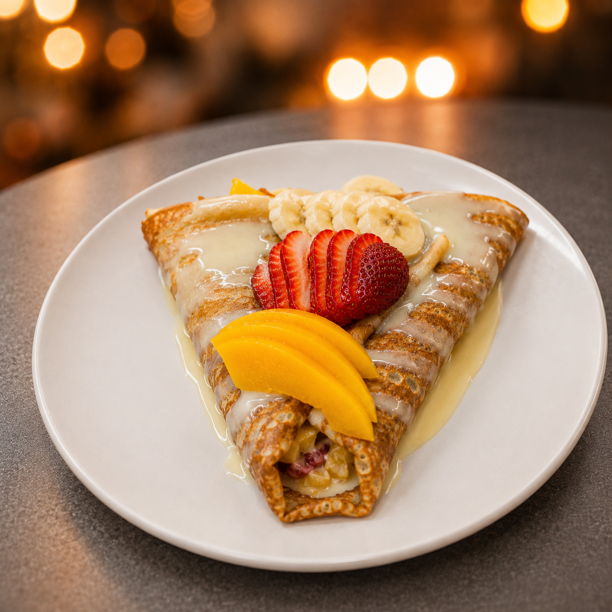 Crepa con fresa, plátano, durazno y lechera