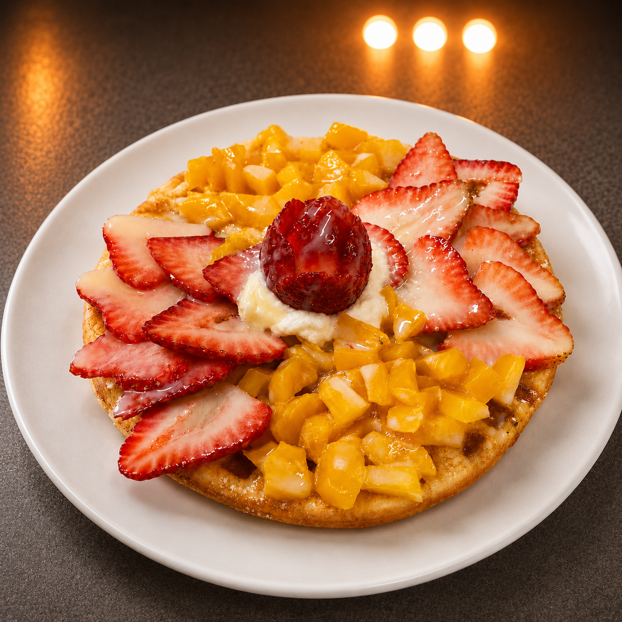 Waffle de durazno, fresa y Nutella Takechi